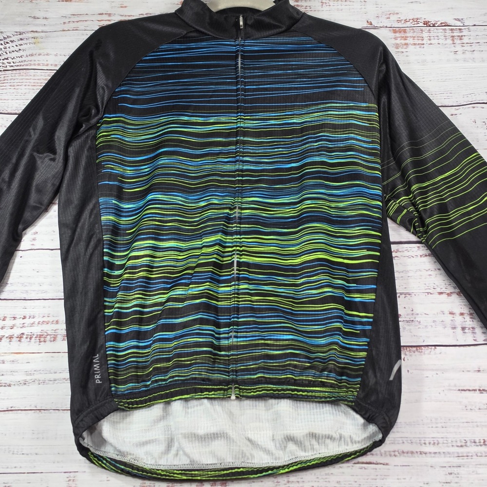 Primal Cycling Jacket Mens L Black Blue Green Excellent Full Zip Rear Pockets